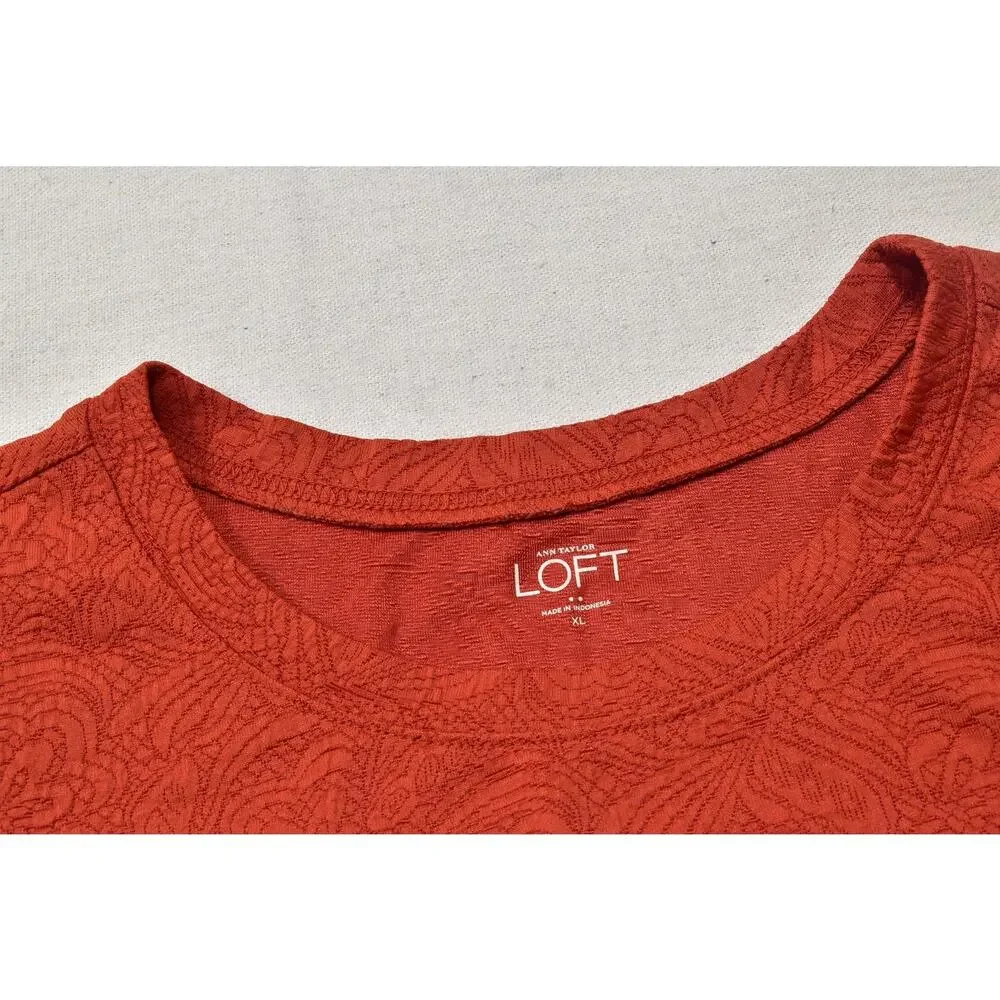 LOFT Women's XL Burnt Orange Textured Puff Sleeve Crew Neck Knit Top